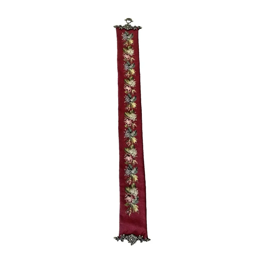 Vtg Burgundy Needlepoint Tapestry Ornate Brass Bell Pull Wall Hanging 63